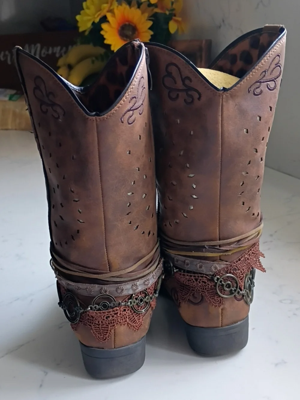 Rodeo Ropers Brown Embroidered Western Boots with Coin & Lace Accents